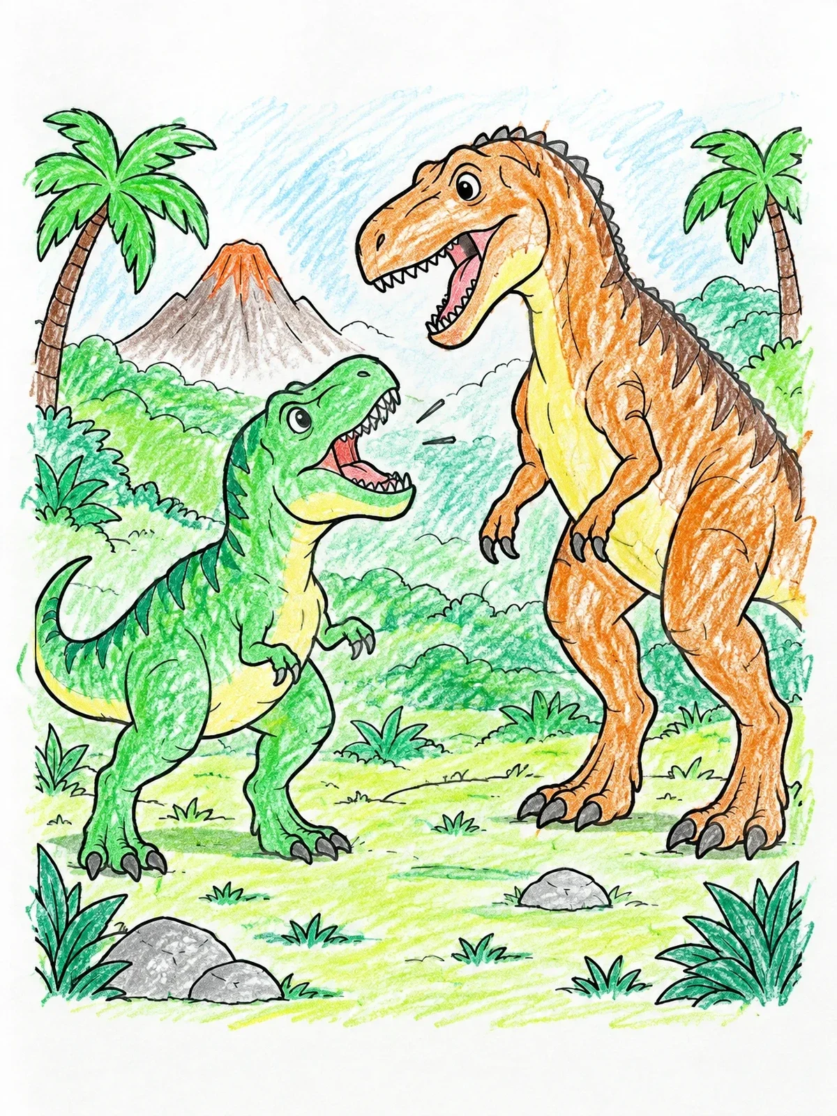 Colored example of the T Rex And Giganotosaurus In Prehistoric Valley coloring page