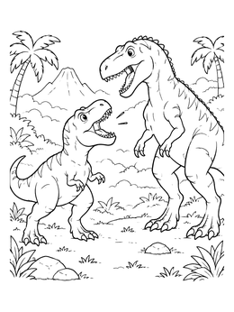 A friendly t rex coloring page featuring two roaring dinosaurs in a prehistoric landscape.
