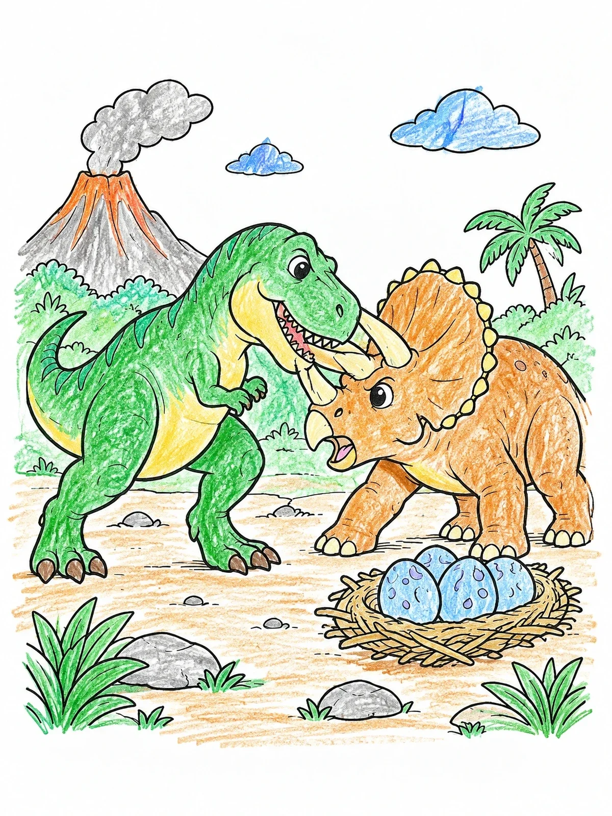 Colored example of the T Rex And Triceratops Dinosaur Standoff coloring page
