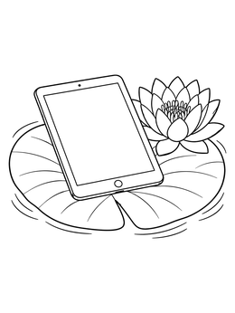 A modern tablet and water lily flower rest on a pond in this lily pad coloring page.