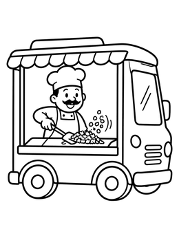 A friendly chef prepares meat inside a food truck in this taco coloring page.