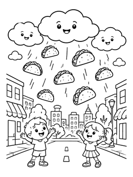 Free printable Tacos Raining On City Street coloring page