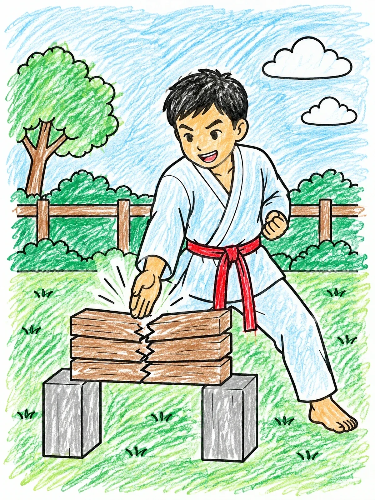 Colored example of the Boy Breaking Boards With Palm Strike coloring page