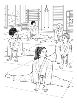 Free printable Martial Arts Class Stretching Together coloring page