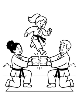 Free printable Taekwondo Girl Breaking Wooden Board coloring page