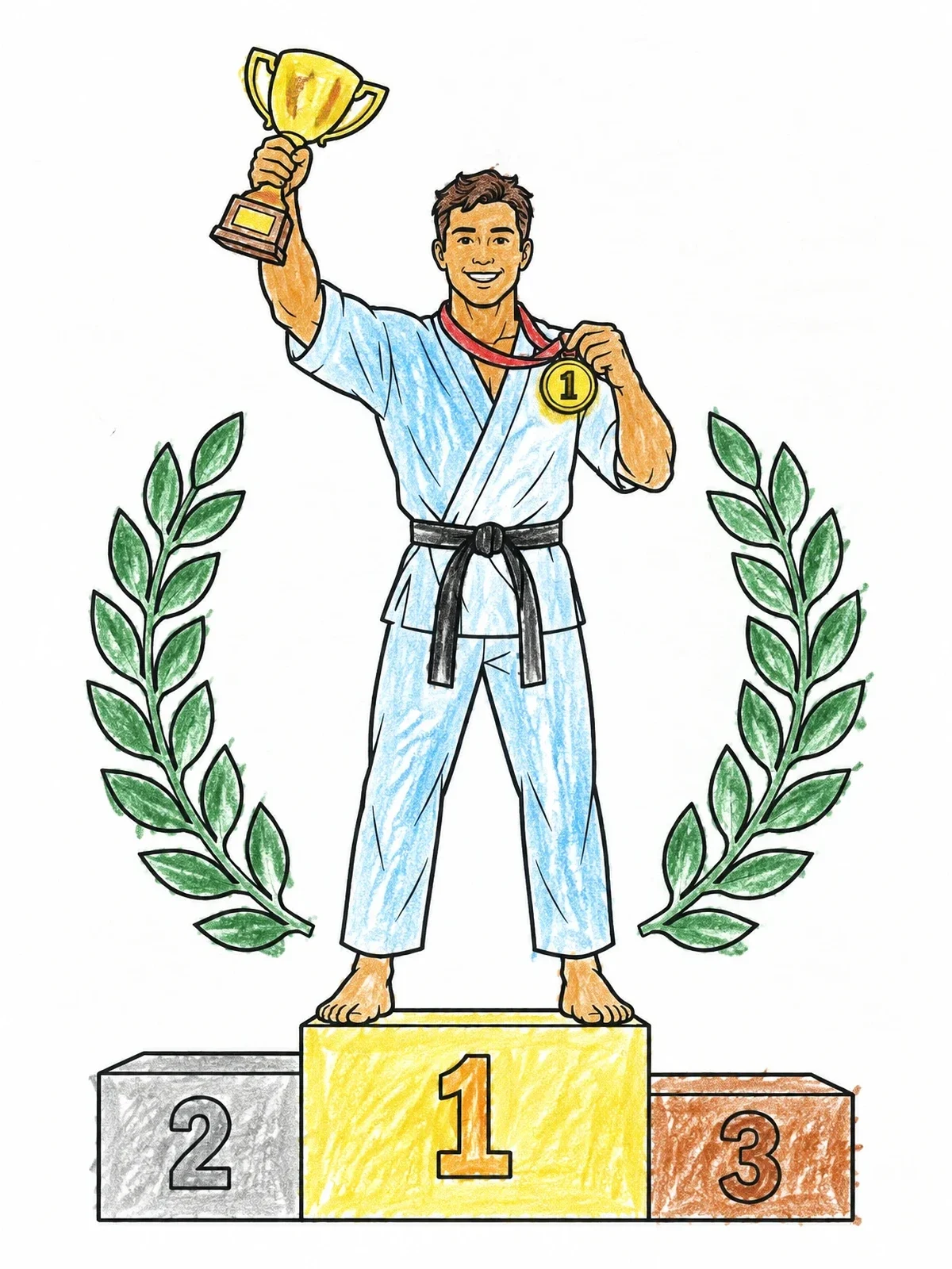 Colored example of the Martial Arts Champion On The Podium coloring page