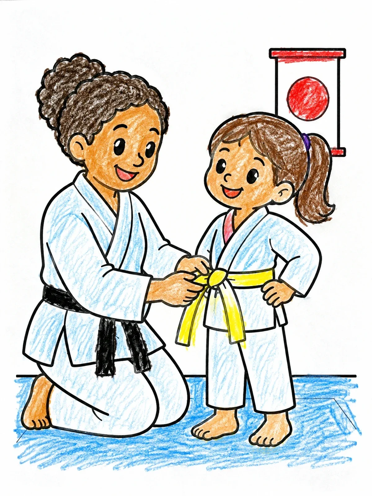 Colored example of the Taekwondo Master Tying Student Belt coloring page