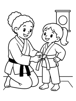Free printable Taekwondo Master Tying Student Belt coloring page