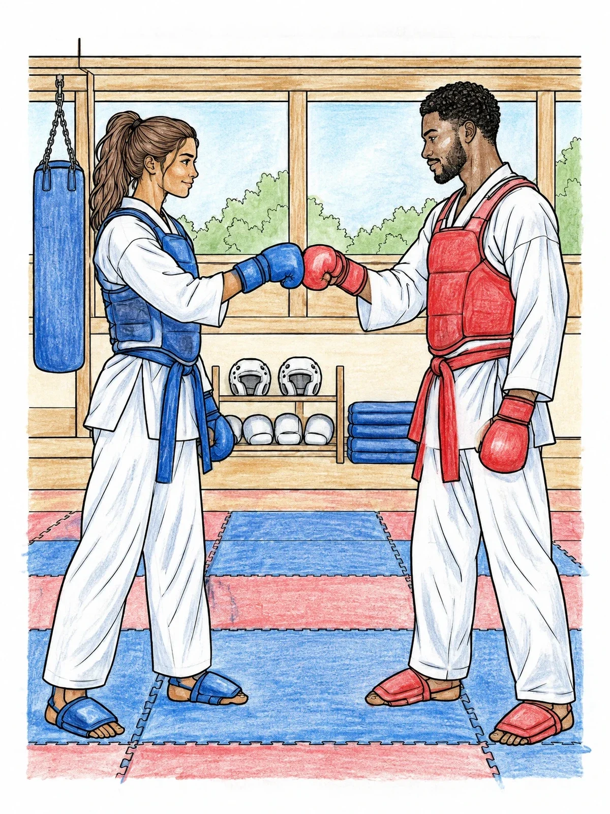 Colored example of the Taekwondo Sparring Fist Bump coloring page