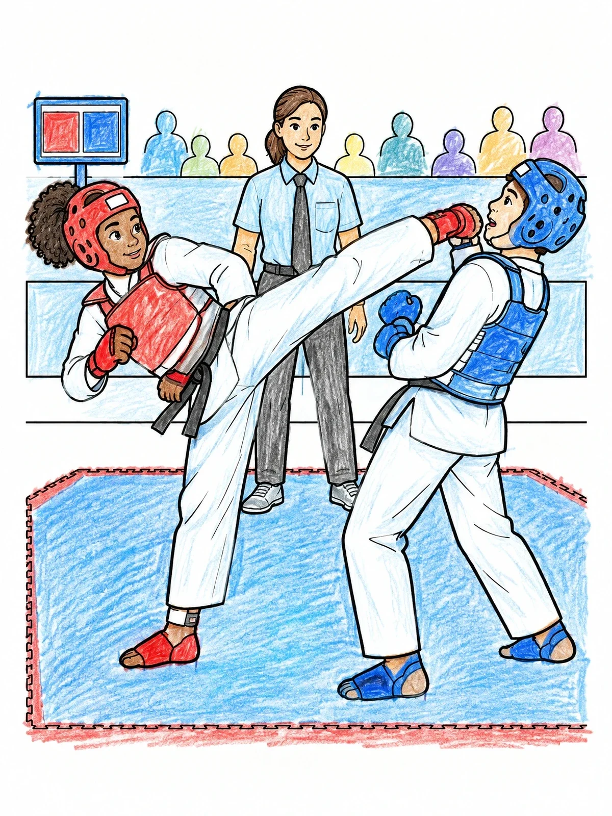 Colored example of the Taekwondo Tournament Match Kick coloring page