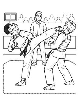 Free printable Taekwondo Tournament Match Kick coloring page