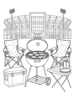 A college coloring page showing a tailgate grill, folding chairs, and cooler outside a grand stadium.