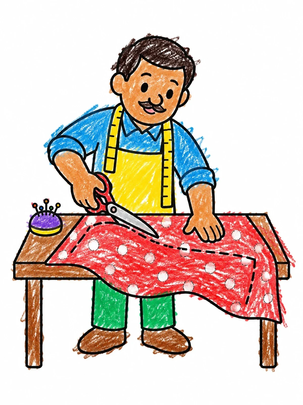 Colored example of the Friendly Tailor Cutting Fabric coloring page
