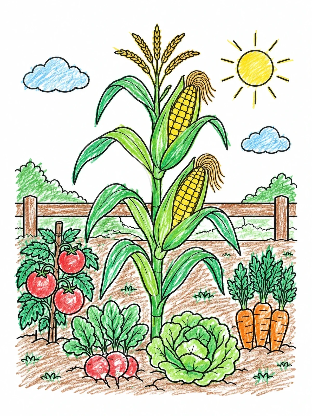 Colored example of the Tall Cornstalk In A Sunny Garden coloring page