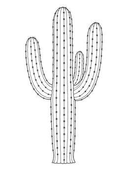 A detailed saguaro cactus coloring page with ribbed branches and sharp spines.