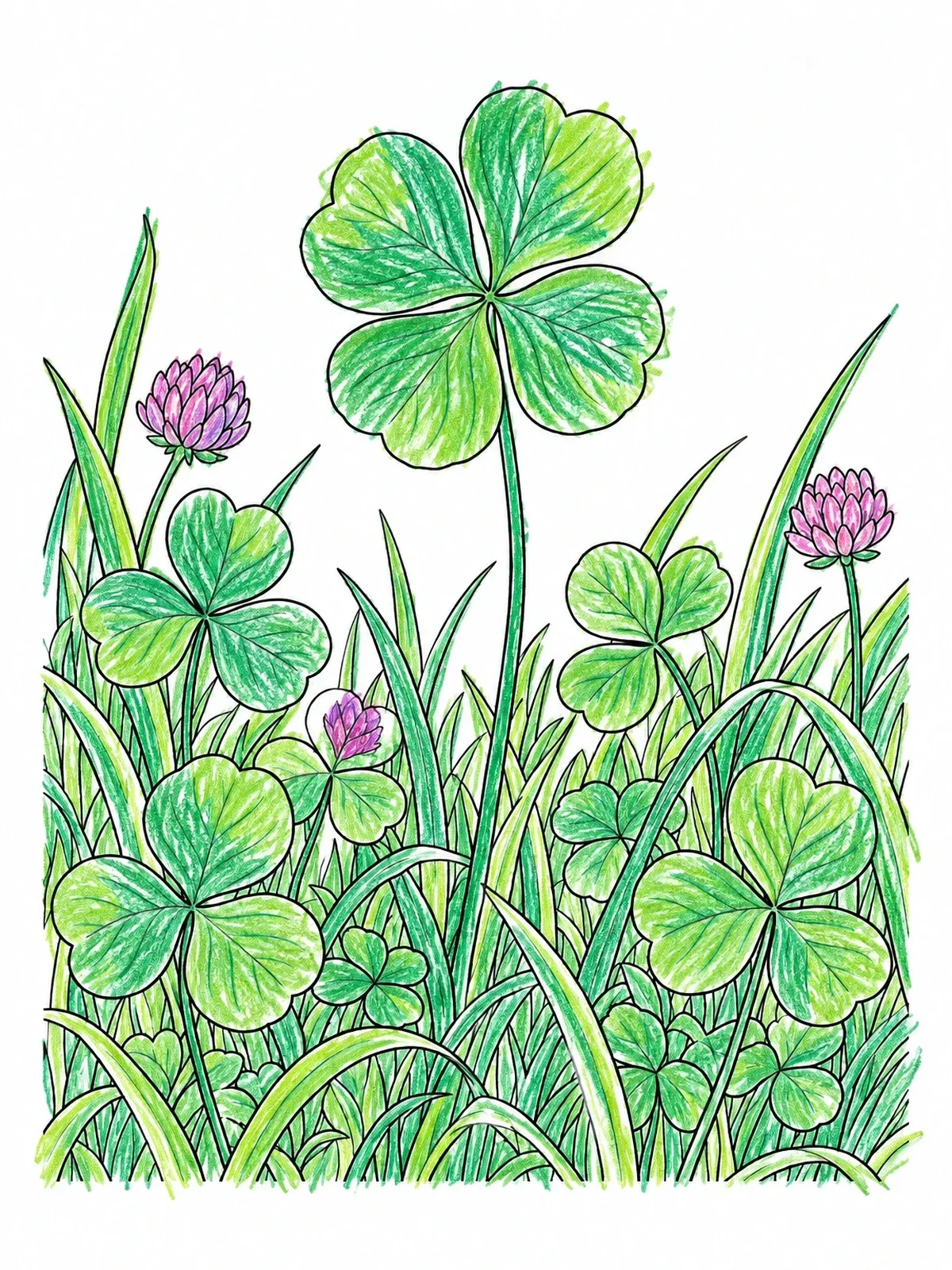 Colored example of the Tall Four Leaf Clover In Meadow coloring page