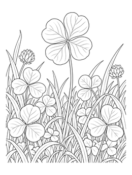 A four leaf clover coloring page showing a tall lucky clover among grass and wildflowers.
