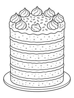 A tall multilayer cake coloring page decorated with frosting swirls and sprinkles.