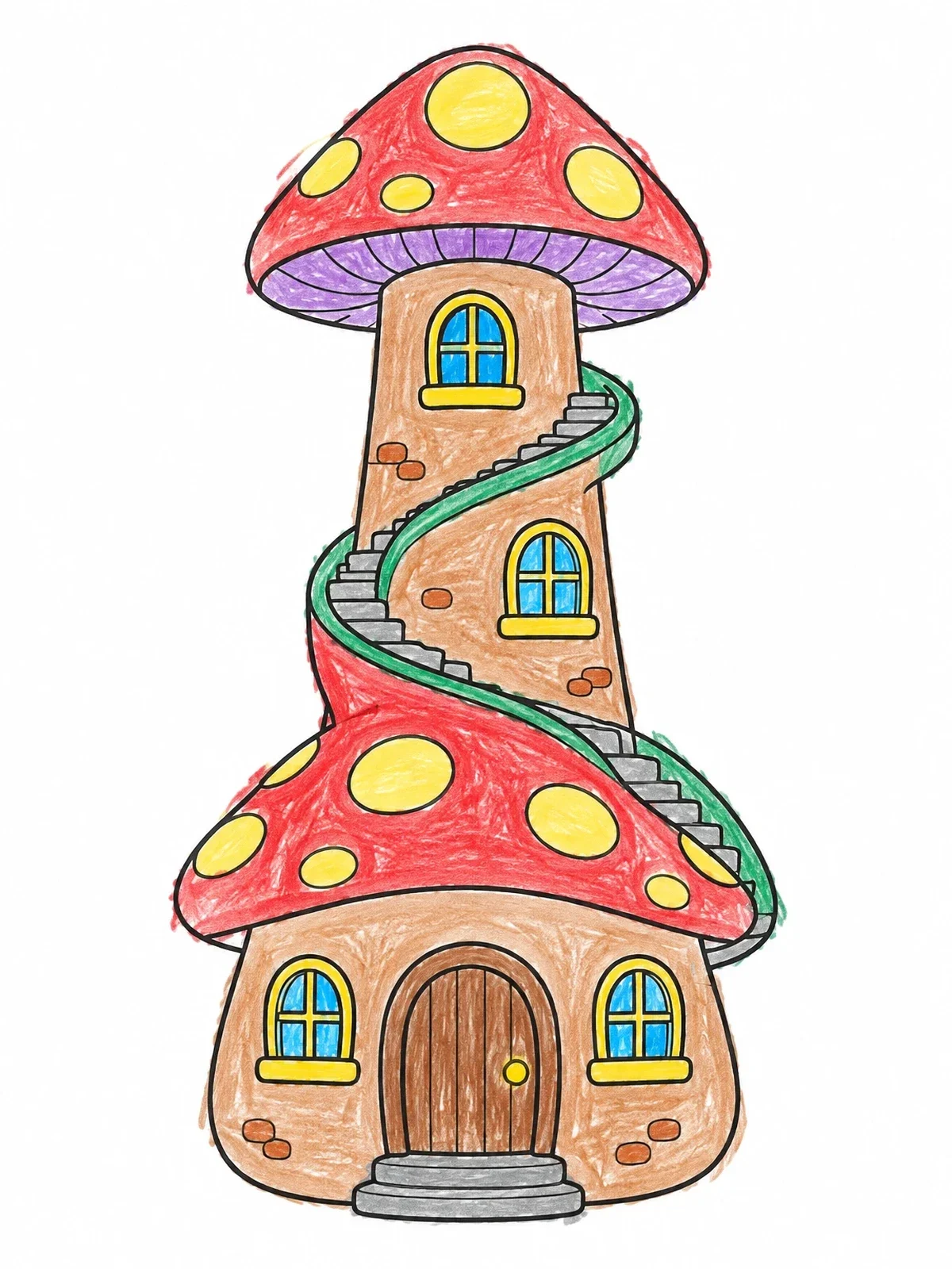 Colored example of the Tall Mushroom Tower With Spiral Stairs coloring page