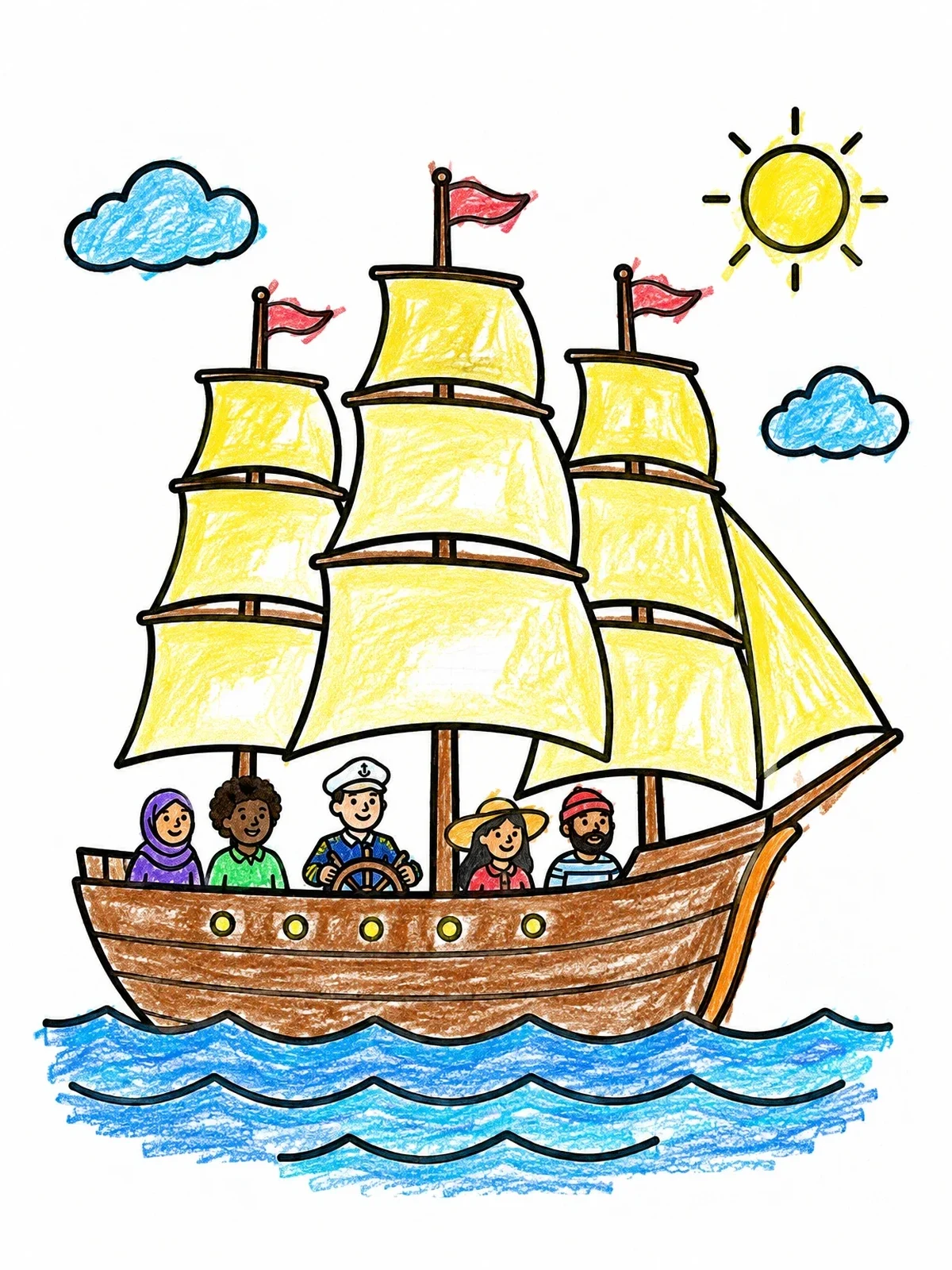Colored example of the Tall Ship Sailing Adventure coloring page