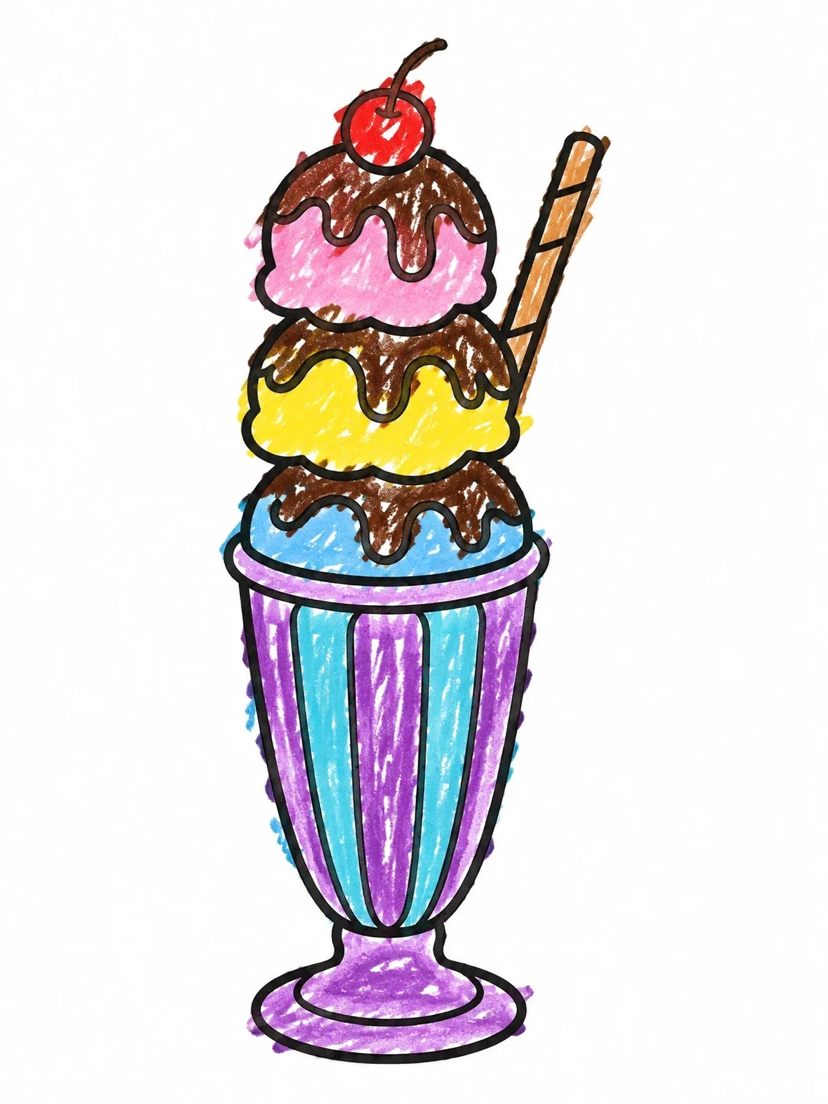Colored example of the Tall Sundae Glass With Three Scoops coloring page
