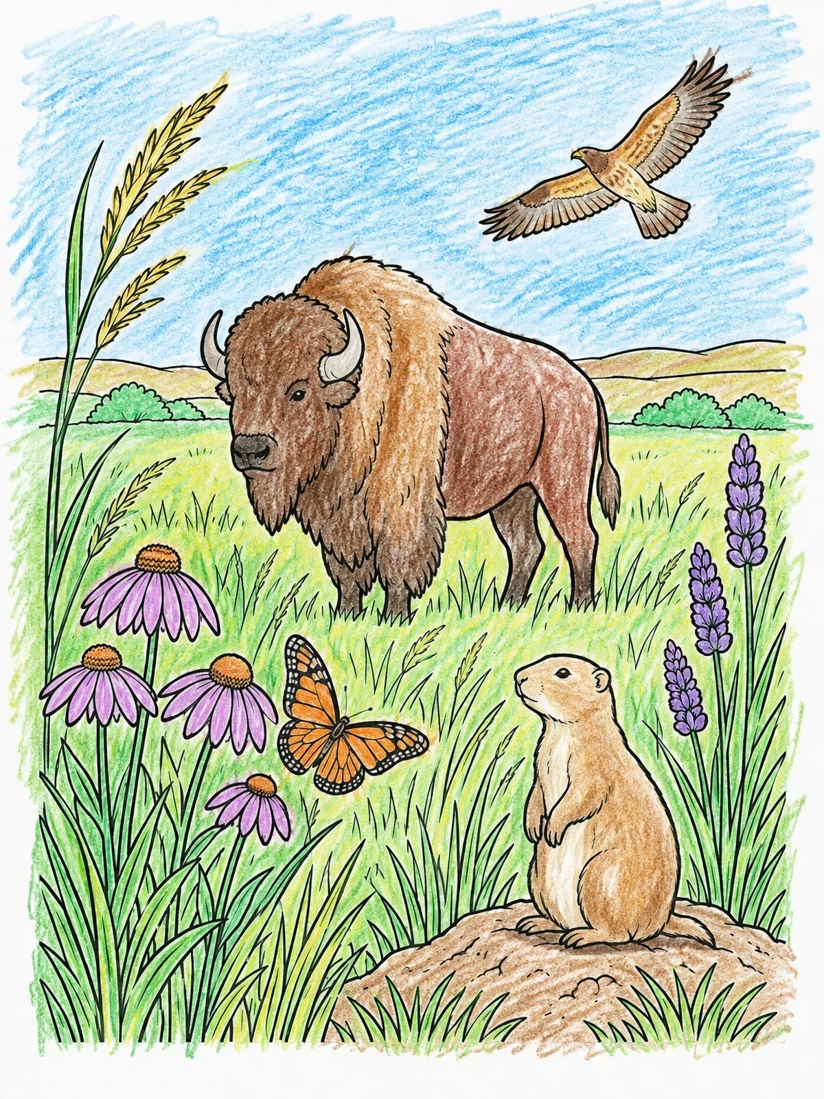 Colored example of the Tallgrass Prairie Wildlife Scene coloring page