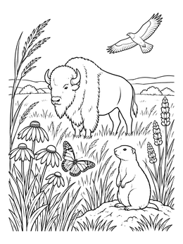 Prairie dog and bison roam in this prairie ecosystem coloring page.
