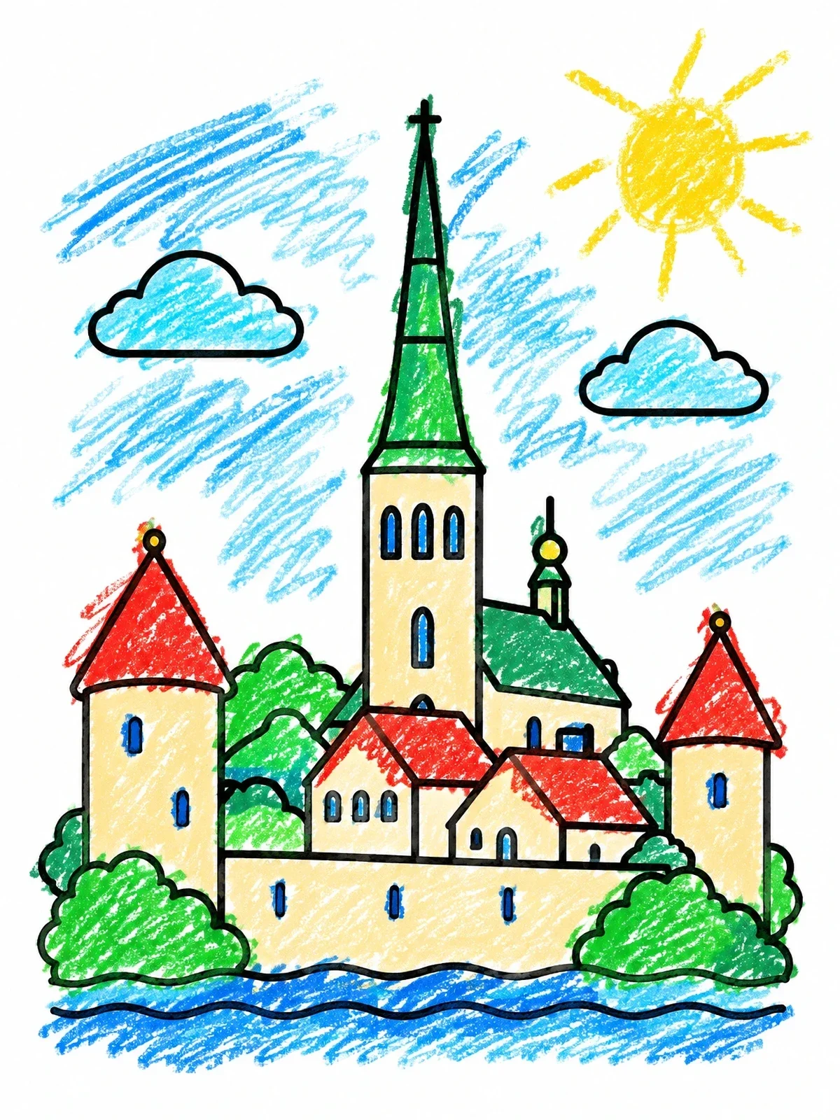Colored example of the Tallinn Old Town Castle Skyline coloring page