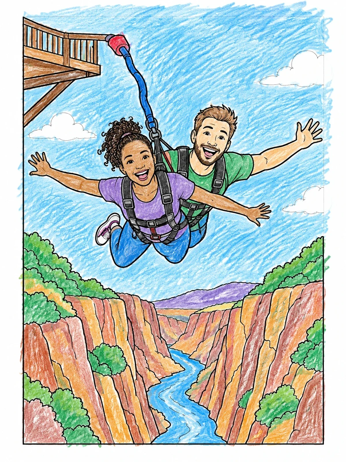 Colored example of the Tandem Bungee Jump Over Canyon coloring page