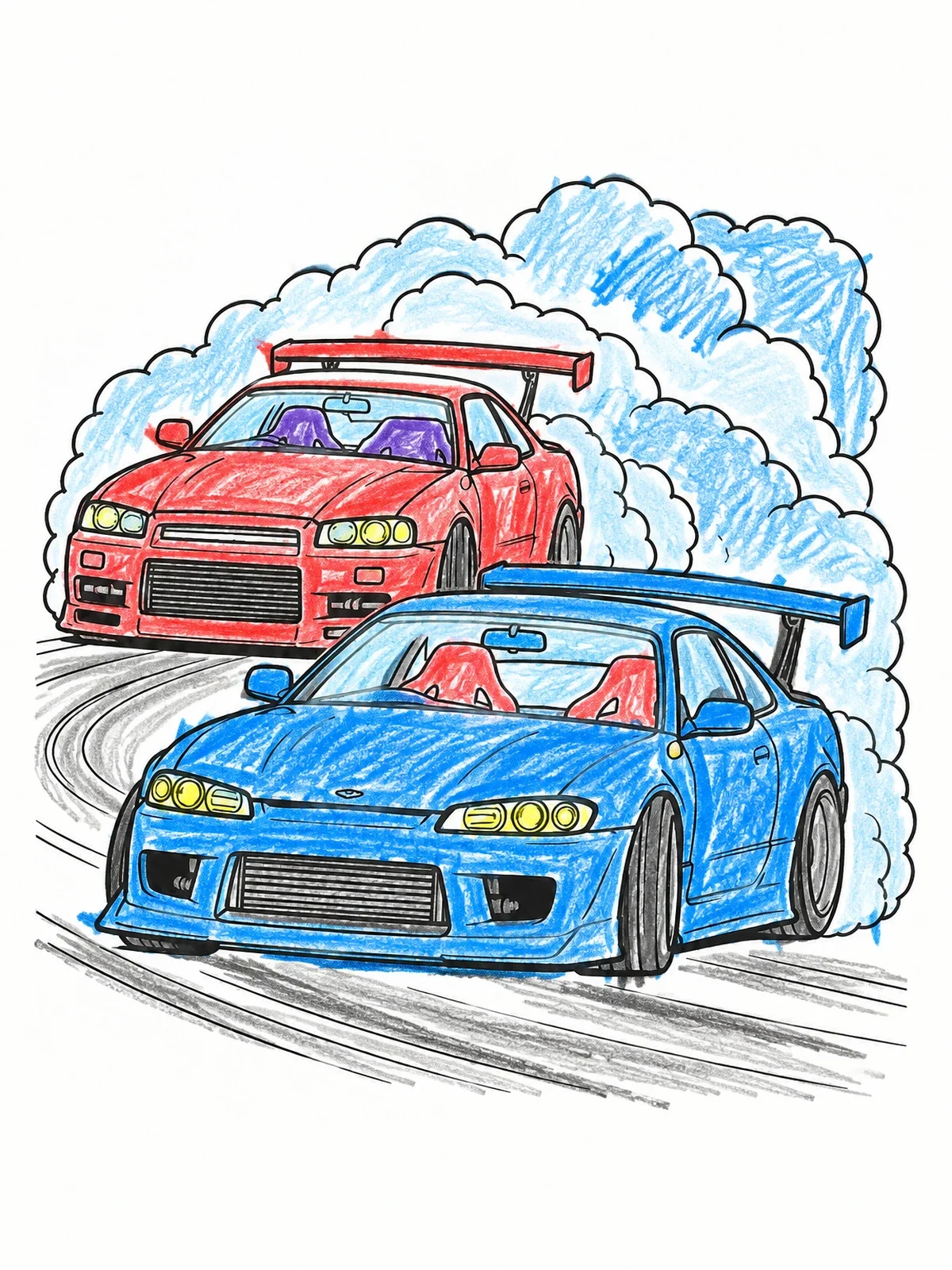 Colored example of the Tandem Drift Battle On Track coloring page