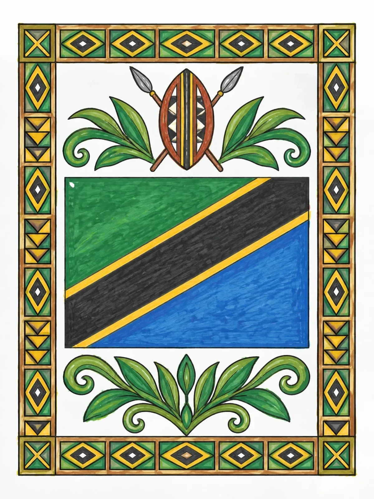 Colored example of the Tanzania Flag And Geometric Border coloring page