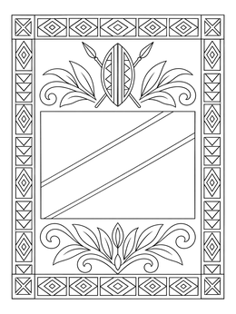 A decorative tanzania coloring page showing the national flag, traditional shield, spears, and geometric borders.