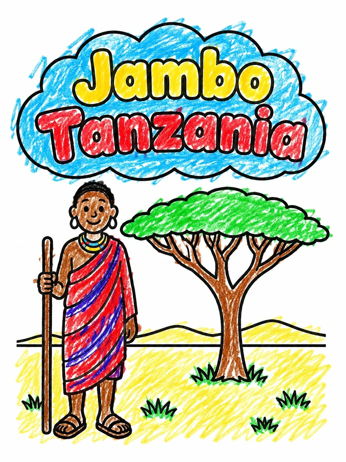 Colored example of the Maasai Person And Savannah Acacia coloring page