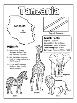 Free printable Tanzania Map And Wildlife Activity Sheet coloring page