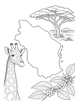 A detailed tanzania coloring page showing a map outline, giraffe, acacia tree, and coffee branch.
