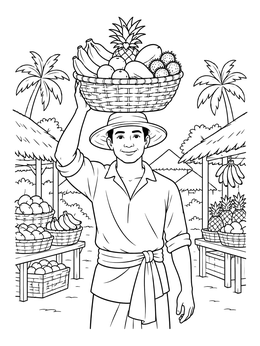 A smiling merchant carries a fresh fruit basket in this tanzania coloring page.