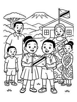 Free printable Tanzanian Schoolchildren Holding National Flag coloring page