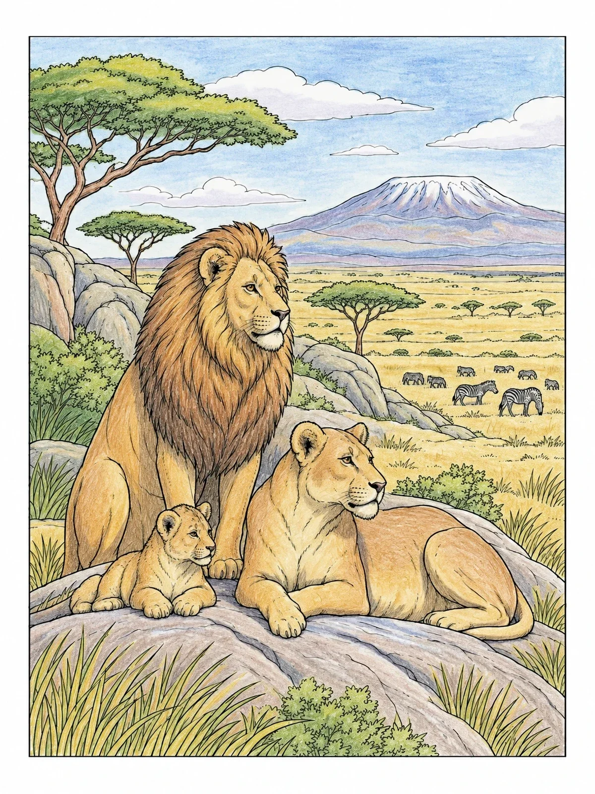 Colored example of the Lion Pride In The Serengeti coloring page