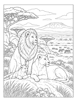 A lion pride rests on rocks in this Tanzania coloring page with Mount Kilimanjaro in the background.