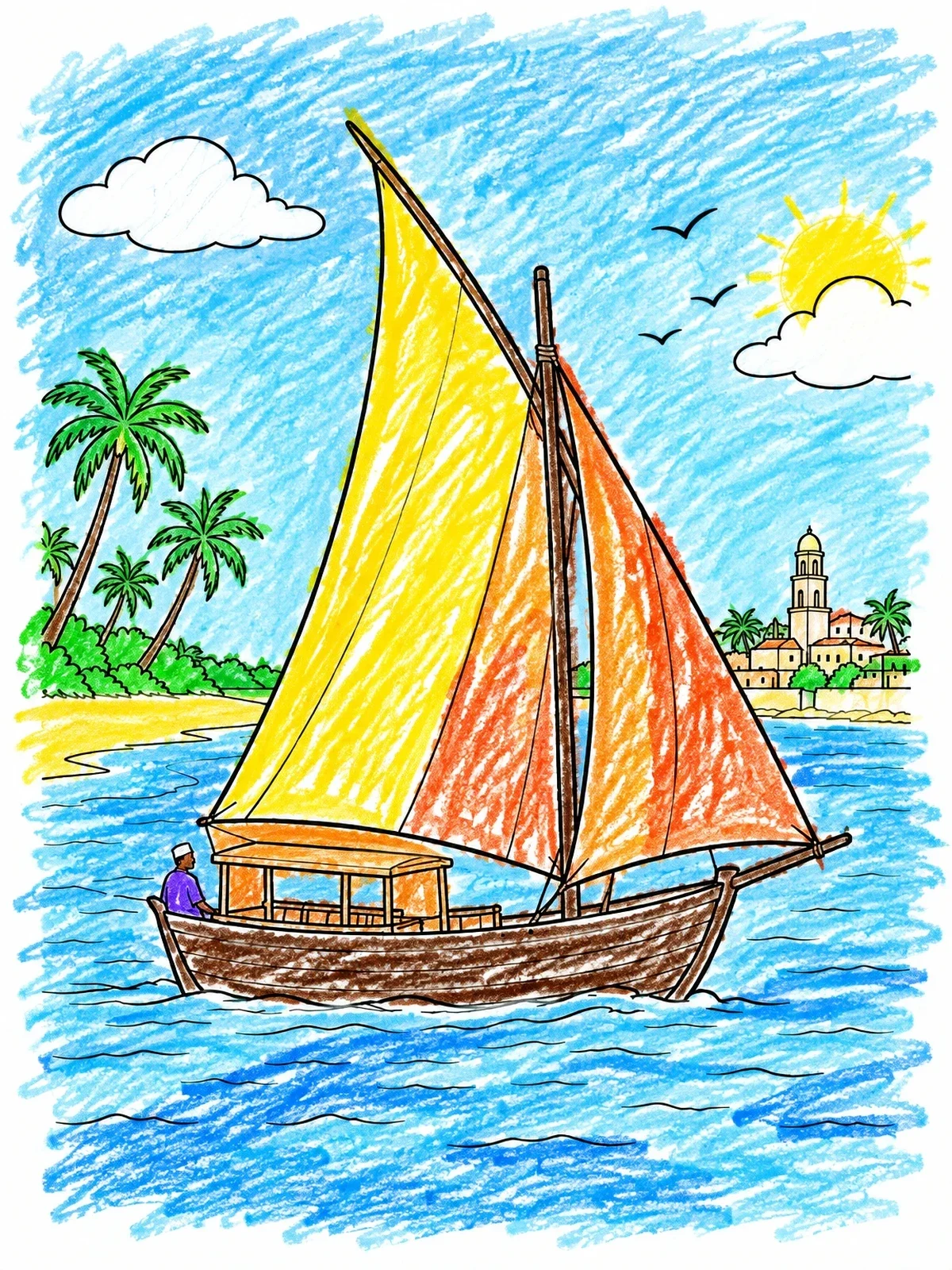 Colored example of the Traditional Dhow Boat Near Zanzibar coloring page