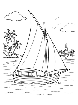 A traditional wooden dhow boat sailing by the coast on this tanzania coloring page.