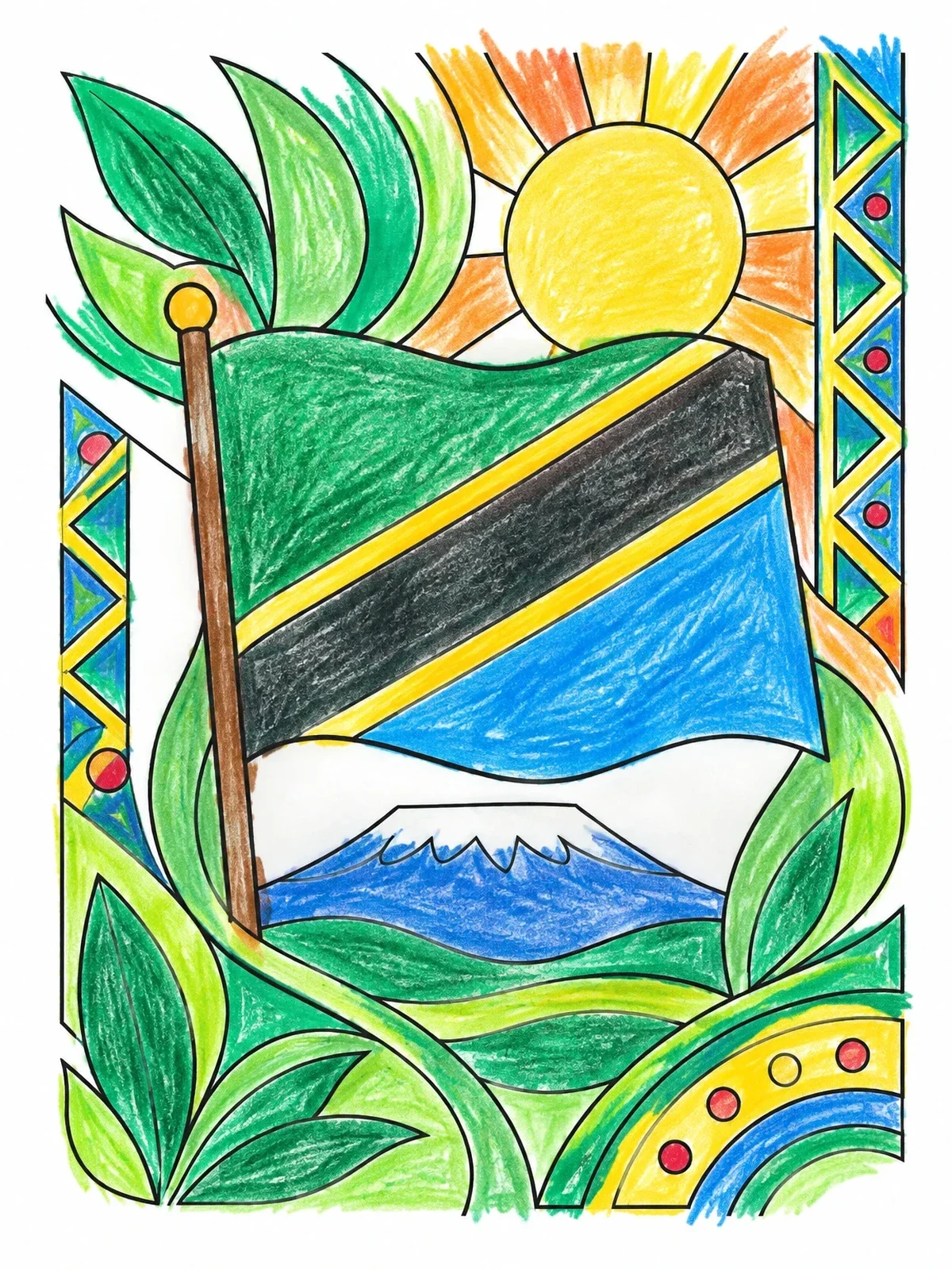 Colored example of the Tanzanian Flag And Mount Kilimanjaro coloring page