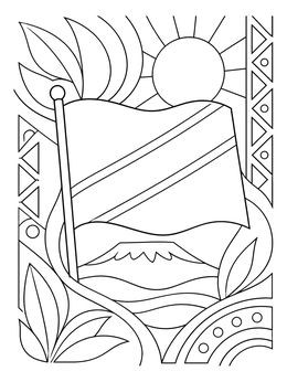 Stylized tanzania coloring page showing the national flag above Mount Kilimanjaro and the sun.