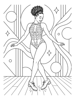 A woman tapping in a skeleton costume features in this halloween dance coloring page.