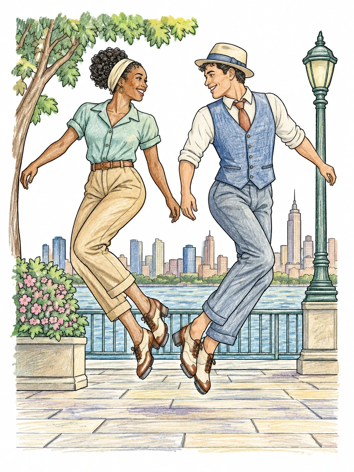 Colored example of the Tap Dancers By The City Riverfront coloring page