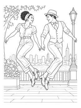 A joyful couple leaping together in mid-air in this dynamic dance coloring page.