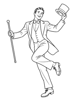 A Broadway performer dances in this actor coloring page with top hat and cane.