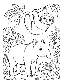 Free printable Cheerful Tapir And Hanging Sloth coloring page