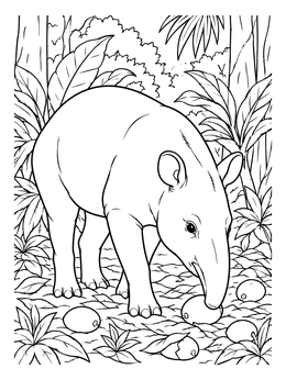 A tapir sniffing fallen fruit on a rainforest coloring page surrounded by jungle foliage.