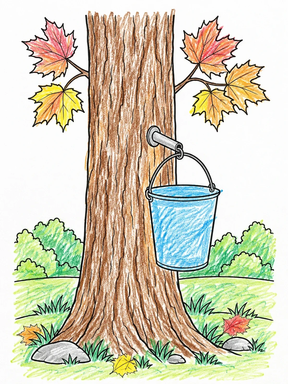 Colored example of the Tapped Maple Tree With Bucket coloring page